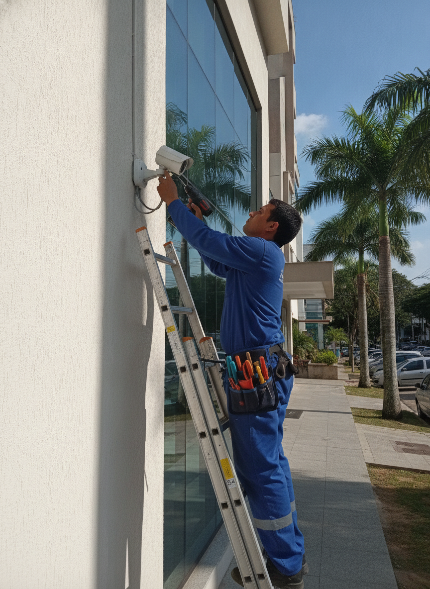 Técnico instalando câmera de CFTV
