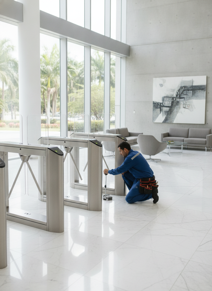 Técnico instalando catraca em lobby corporativo