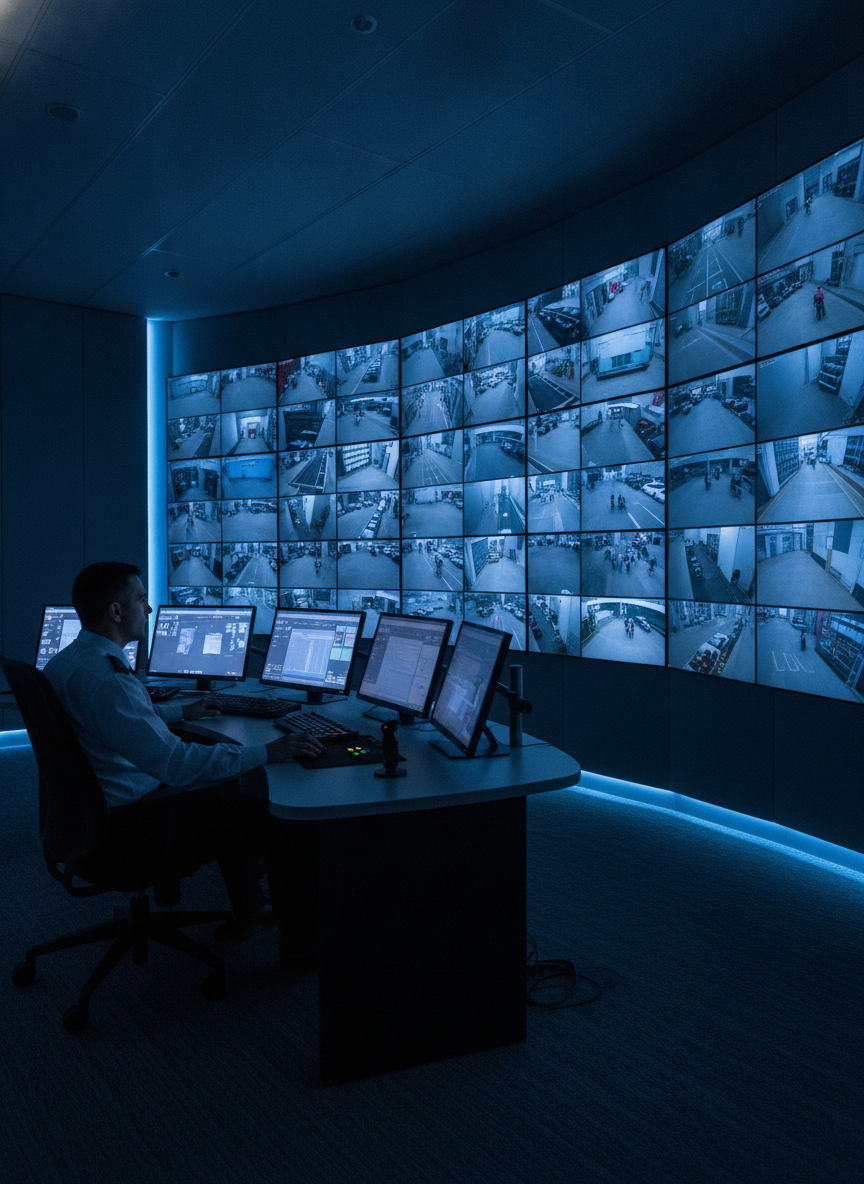 Sala de monitoramento com sistema de segurança