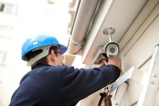 Técnico instalando equipamento de segurança em fachada
